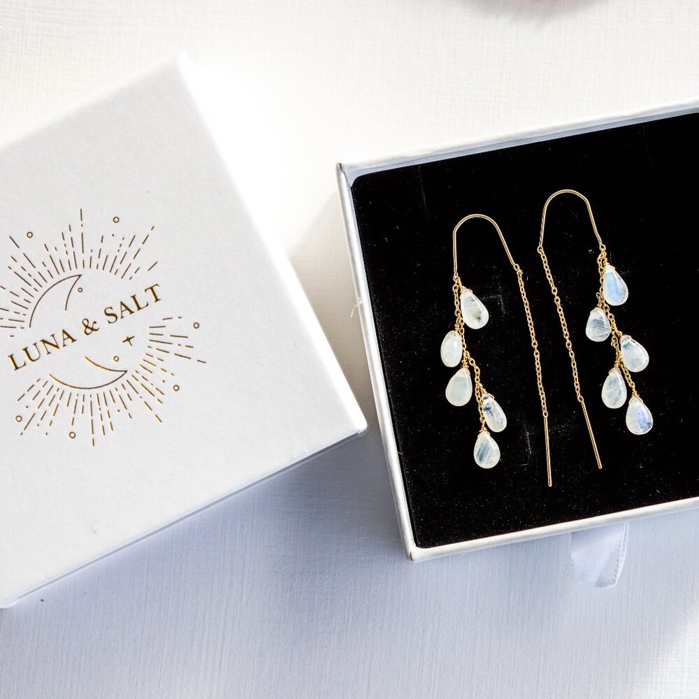 Moonstone Threader Earrings Gemstone Dangle Gold Non-tarnish Earrings Gorgeous - Picture 1 of 13
